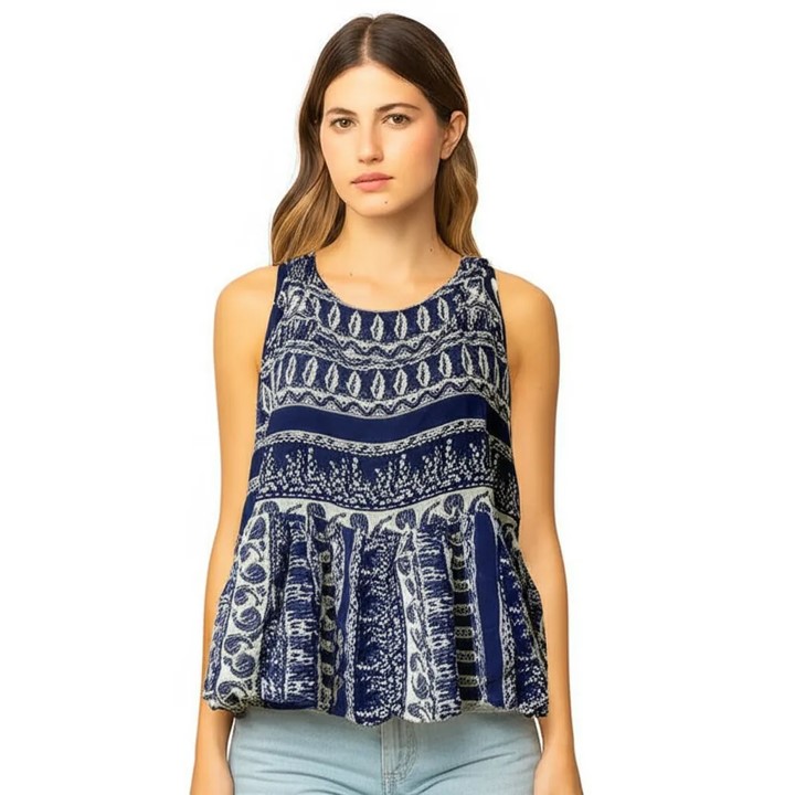 Polera Azul/Crema con Vuelos Talla Única